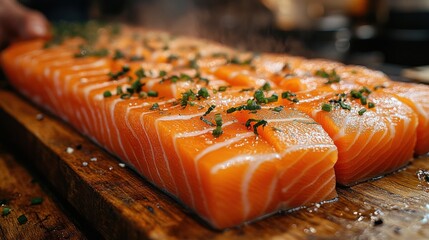 Salmon Steaks on Wood Board Garnished with Chives