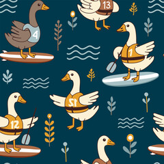 Seamless pattern with funny goose surfer. Summer print. Vector hand drawn illustration.