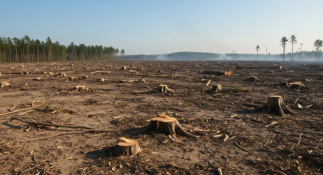 Deforestation Landscape: Tree Stumps and Cleared Land
