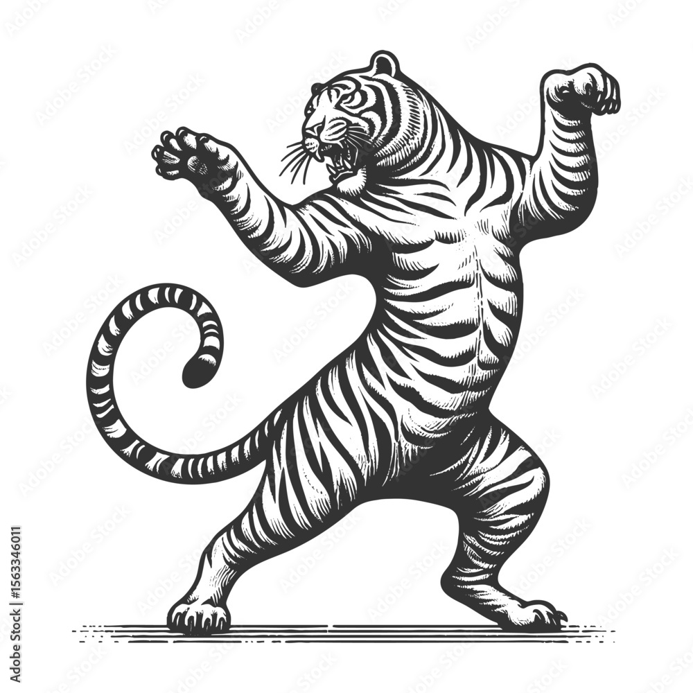 Poster dancing tiger sketch engraving generative ai fictional character vector illustration. scratch board 