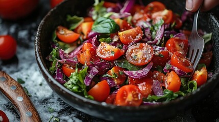 Salad with Cherry Tomatoes and Red Cabbage in Dark Bowl