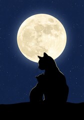 Silhouette of Mother Cat and Kitten under a Full Moon