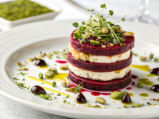 Tasty beetroot and goat cheese mille feuille appetizer with pistachio oil and microgreens. Delicious food background
