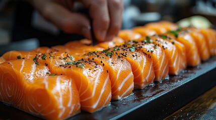 Sliced Salmon with Sesame Seeds on Black Tray