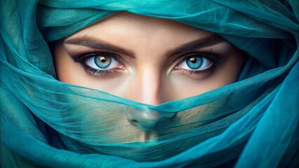 Close Up Of Woman's Captivating Blue Eyes Partially Hidden By Teal Veil