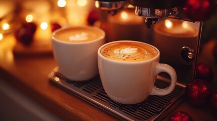 Two Cappuccino Cups with Espresso Machine and Ornaments