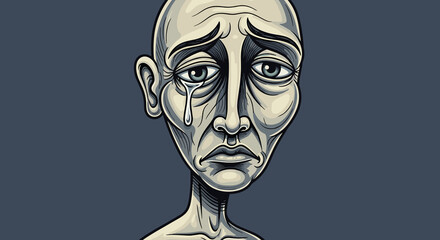 Crying man stuck in depression and gloomy past regret - isolated color background illustration