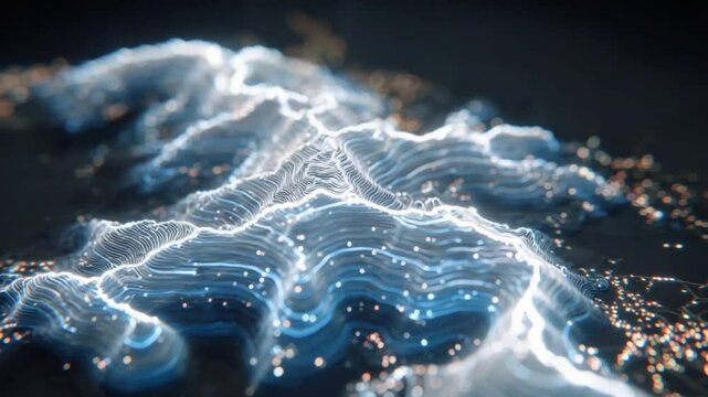 Abstract topographic map with glowing contour lines and scattered points of light