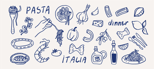 Whimsical Italian food pasta line art sketch set. Coastal mediterranean dinner table party summer hand drawn elements. Wedding coquette vector illustration
