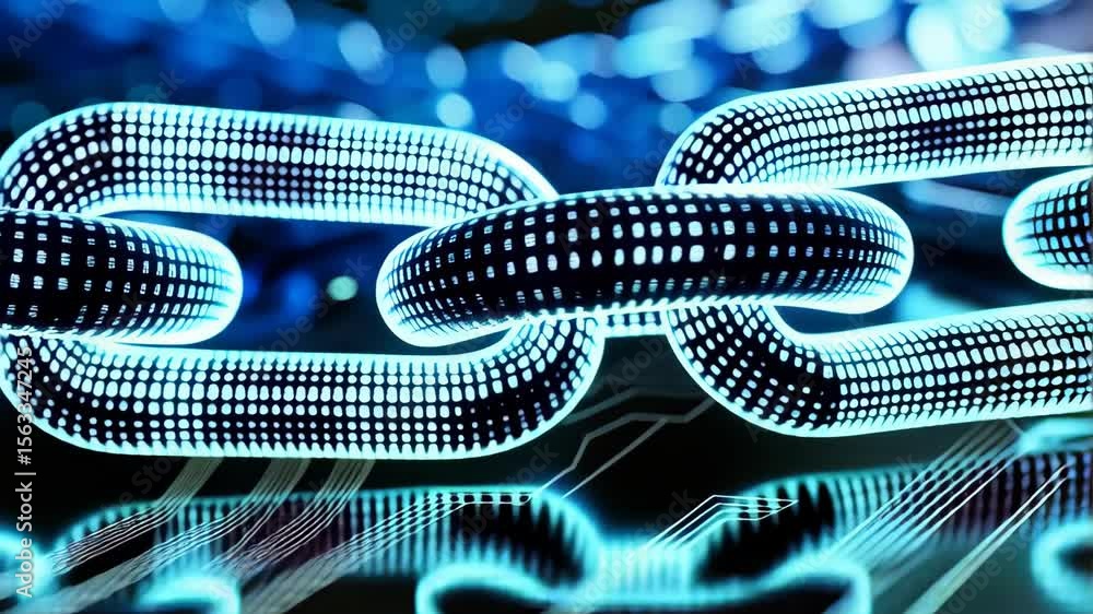 Poster macro shot of glowing blue chains resting on a futuristic circuit board representing blockchain, sec