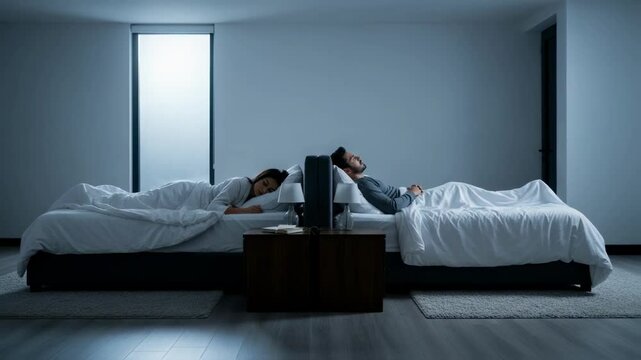Couple lies back-to-back in separate beds, a stark visual metaphor for a relationship crisis, emotional distance, and a complete breakdown in communication or intimacy