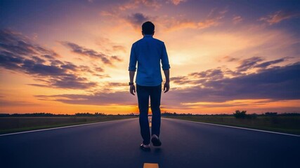 Man walks down an empty road toward a colorful sunset, a powerful metaphor for life's journey, new beginnings, and the concept of moving forward towards one's goals