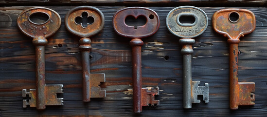 Rusty antique keys on a dark wooden surface.