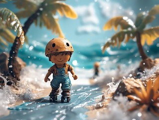 Cute Toy Doll Wearing Helmet and Skates Surrounded by Tropical Plants in Water Scene