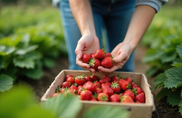 Woman hands pick fresh ripe strawberries from organic farm garden. Harvesting red berries in wooden box. Healthy food, vegan concept. Fresh harvest season in countryside.