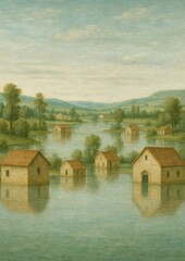 Obraz premium Surreal flooded village landscape painting.
