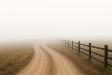 Fototapeta premium Dusty path winding through misty fields beside wooden fence dirt road