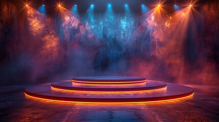 Neon stage podium with spotlights and smoke effects.