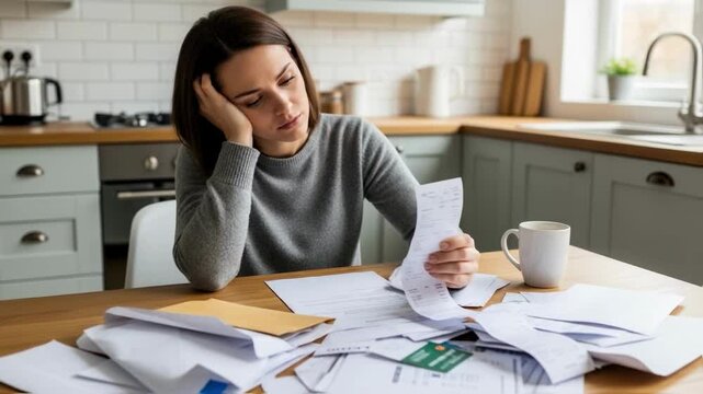 Tired young woman feels overwhelmed sorting through numerous bills at her kitchen table, struggling with personal debt and managing a tight household budget at home
