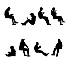 Silhouettes of travelers and pedestrians with luggage in various walking and waiting poses, ideal for travel infographics, airport wayfinding designs, and urban planning visualizations.
