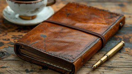 Rustic leather journal resting on a wooden table with a cup of coffee and pen.