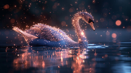 Mystical swan glides on tranquil water, shimmering with ethereal light.