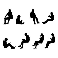 Silhouettes of travelers and pedestrians with luggage in various walking and waiting poses, ideal for travel infographics, airport wayfinding designs, and urban planning visualizations.
