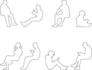 Minimal linear top view silhouettes of people sitting and walking, perfect for architectural plans, urban design projects, and infographics.
