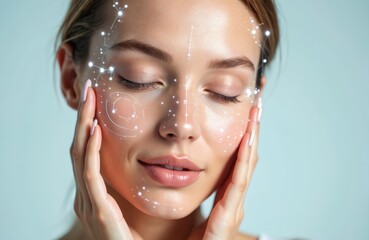 Facial analysis with skincare innovation for radiant skin. Woman with closed eyes, hands on face, digital skin mapping treatment. Beauty tech rejuvenation aesthetic procedure.