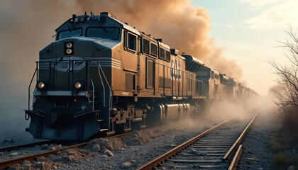 Obraz premium Train wreck scene amid smoke debris. Disaster scenario. Damaged locomotive, railway tracks. Smoke plumes, dust atmosphere. Railway accident, transportation chaos, emergency. Railway industry,