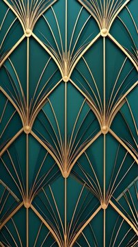 Repeating fan pattern with golden Art Deco style lines and turquoise color fill for a sophisticated and elegant design.