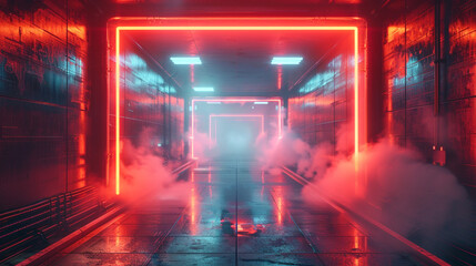 Neon-lit tunnel with red and blue glowing rectangular frames and fog.