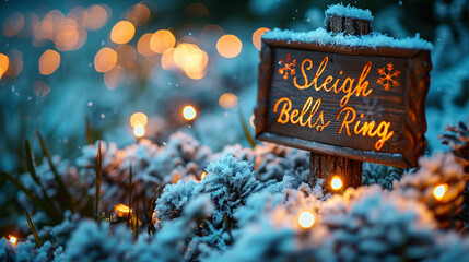 Rustic wooden sign with "Sleigh Bells Ring" message, covered in snow, illuminated by warm lights.