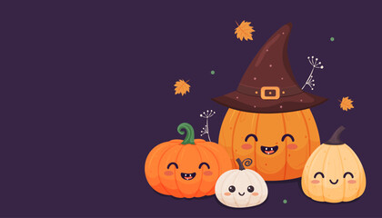 Fototapeta premium Set of adorable pumpkins with happy faces and witch hat on dark background, Halloween celebration concept