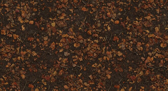 Ground covered with fallen autumn leaves in shades of orange and brown mixed with dark soil and small twigs