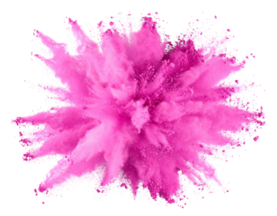 Vibrant pink powder explosively disperses in dynamic, cloud-like formations with fine particles radiating outward.