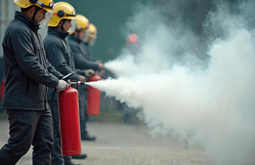 Firefighters training with fire extinguishers. Spray water to extinguish flames. Smoke billows. Safety helmets, protective uniforms. Fire safety learning, practice. Preventative measures for