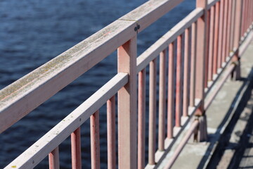 Fototapeta premium A bird is perched on a railing overlooking calm water