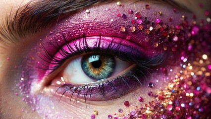 Close Up of Woman's Eye with Pink Glitter Makeup and Soft Lighting

