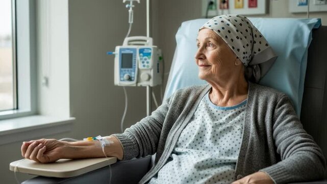Hopeful senior woman with cancer in a headscarf undergoes chemotherapy, looking peacefully out a window during her iv infusion treatment, symbolizing resilience and modern oncology care