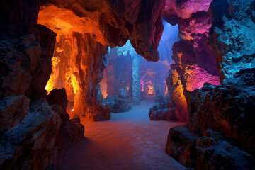 The interior of the cave is illuminated by rock formations and lamplight.