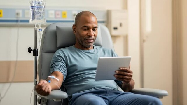 Patient calmly undergoes iv infusion therapy in a hospital chair while using a tablet, representing modern medical treatments, chemotherapy, recovery, and patient-centric healthcare
