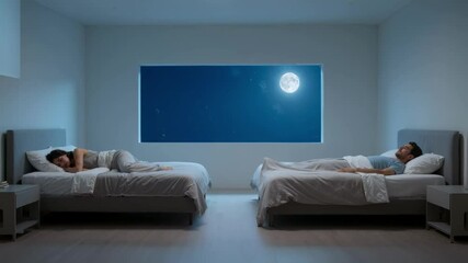 Couple sleeps in separate beds under a large moonlit window, symbolizing emotional distance, relationship crisis, and the challenges of modern marriage or divorce