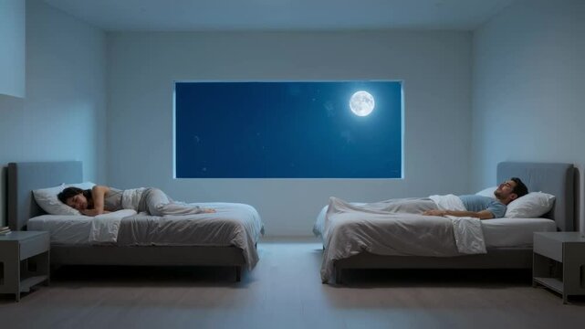 Couple sleeps in separate beds under a large moonlit window, symbolizing emotional distance, relationship crisis, and the challenges of modern marriage or divorce
