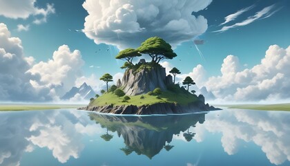 A serene island paradise with a perfect reflection in the calm water below a bright blue sky.
