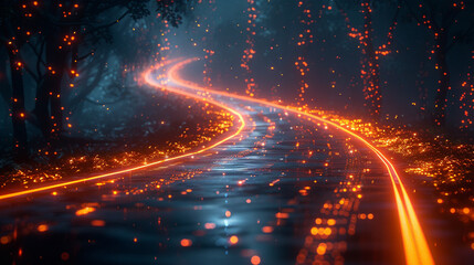 Mystical, glowing pathway winding through a dark, enchanted forest at night.