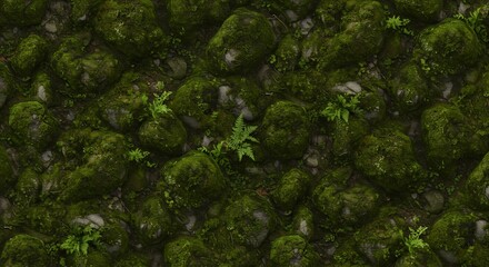 Lush green moss and small ferns covering various wet grey rocks on a natural ground surface