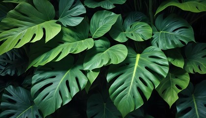 Fototapeta premium A vibrant close-up showcases the intricate details of lush monstera leaves.