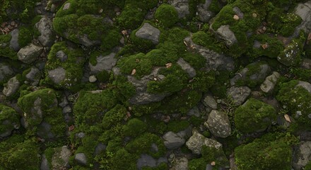 Lush green moss covering various gray rocks and stones interspersed with pebbles and dried leaves seen from above