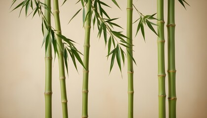 Green bamboo stalks with leaves creating a serene and natural setting.